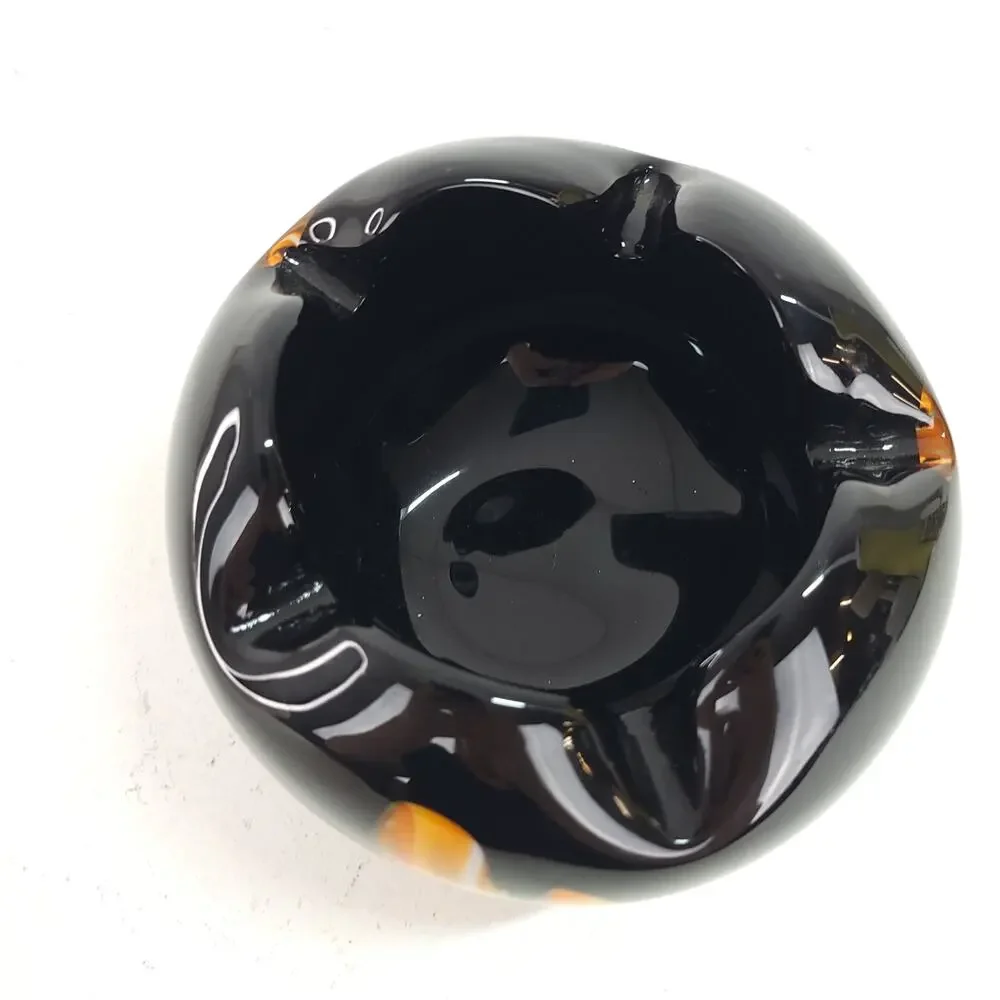 Handblown Studio Art Glass Black Amethyst Yellow Orange Amoeba Dish Bowl 5.5